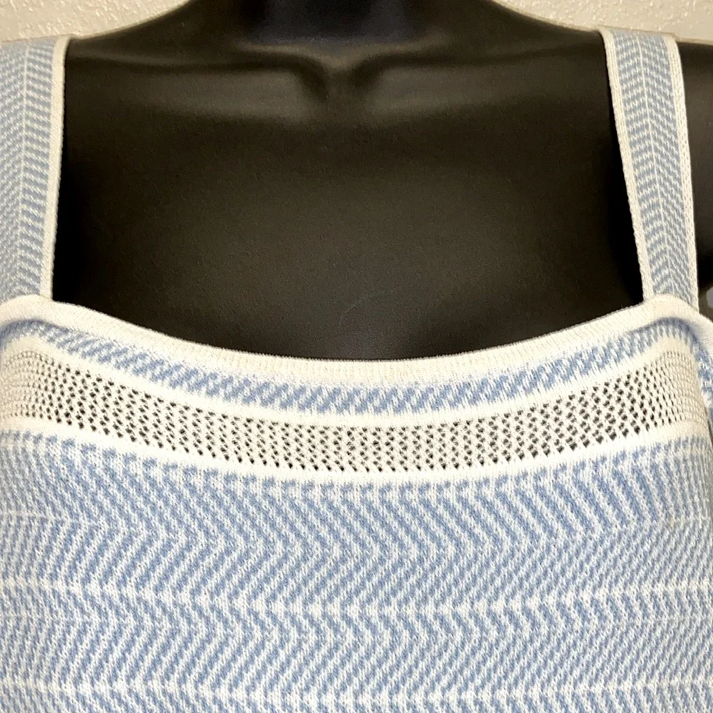 Boston Proper Off -the-Shoulder Blue & White Bell Sleeves Knit Sweater 3495